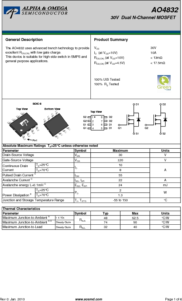 ao4832 ,alpha & omega semiconductor inc厂商,mosfet 2n-ch 30v 10a