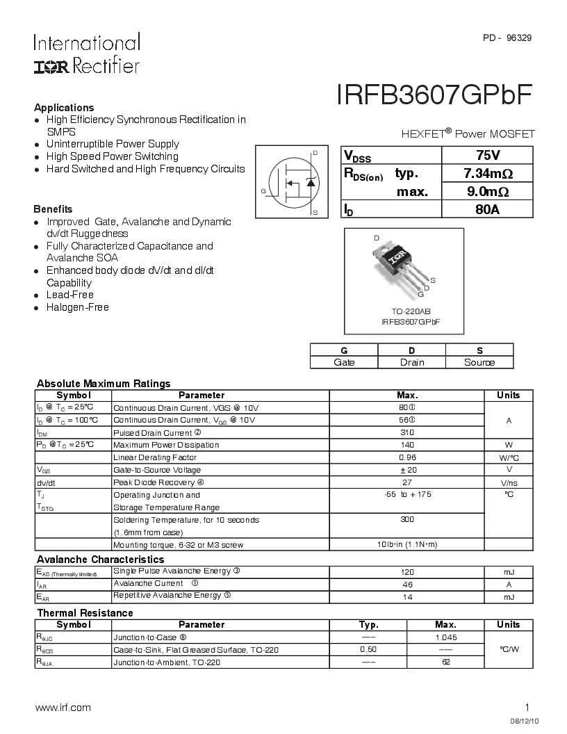 irfb3607gpbf ,international rectifier厂商,mosfet n-ch 75v 80a to