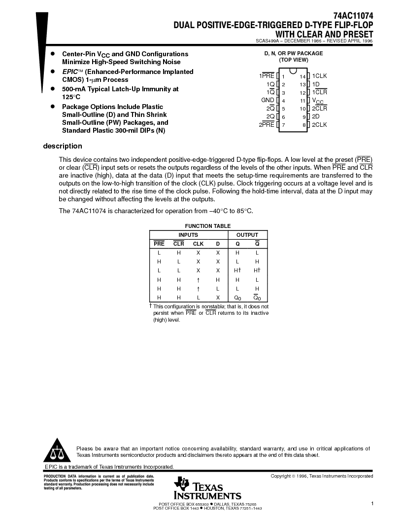 IC LOGIC 14DIP 74AC11074N By TEXAS INSTRUMENTS POS TRIG D F-F
