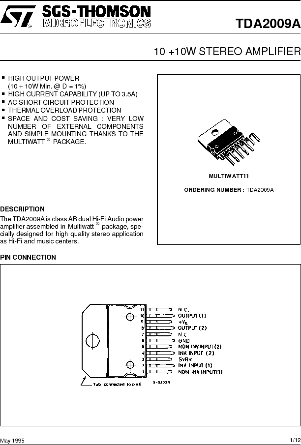 5w multiwatt11, tda2009a datasheet预览 第1页